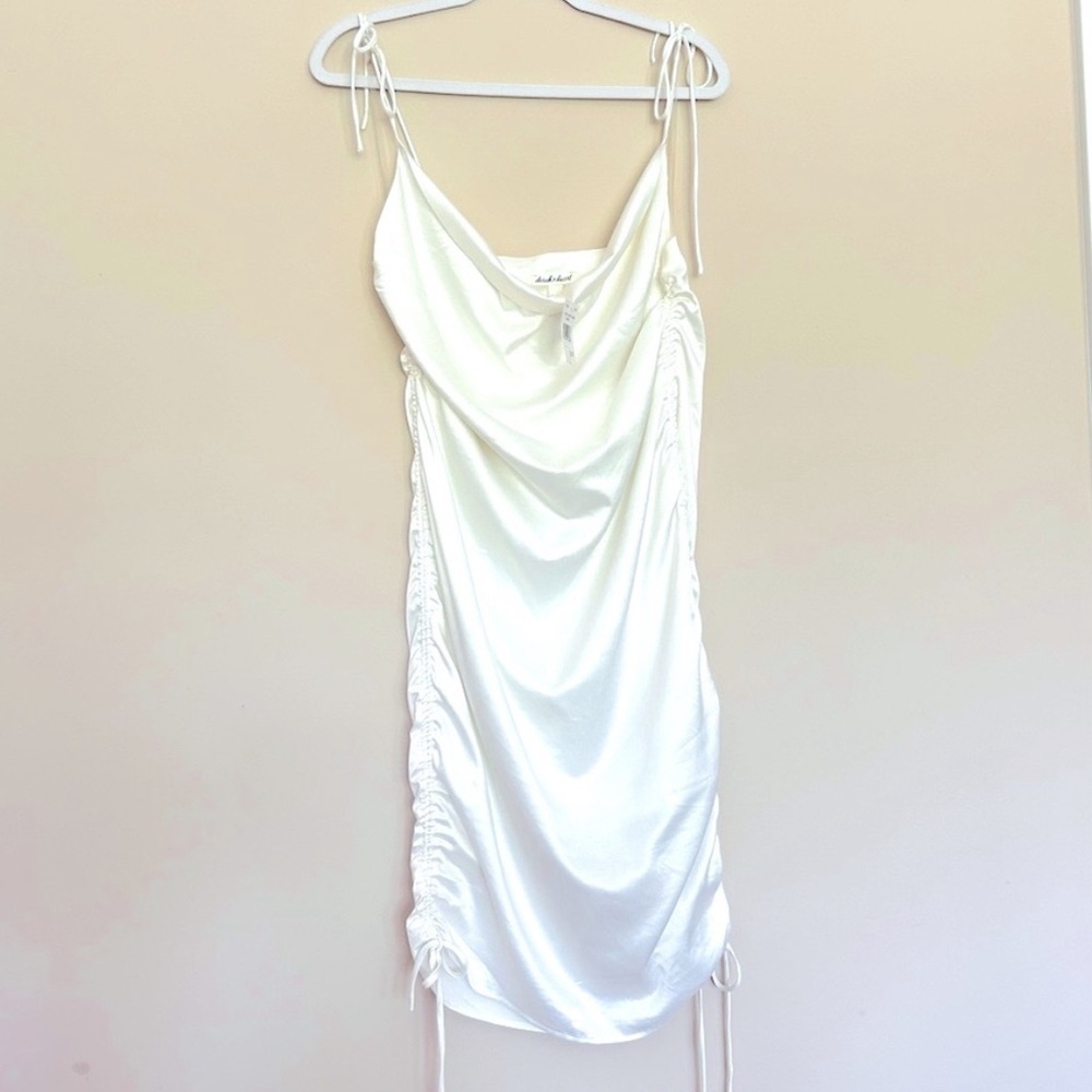 NWT Derek Heart Drape White Ivory Satin Silk Ruched Cowl Neck Mini Dress
